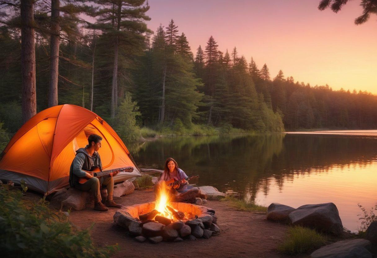 A picturesque camping scene at sunrise, featuring a joyful family around a crackling campfire, surrounded by lush trees and a serene lake. The sky is painted in warm hues of orange and pink, while the family members are engaging in fun activities like roasting marshmallows and playing guitar. Include a tent with adventurous gear nearby and wildlife peeking through the foliage. vibrant colors. super-realistic.