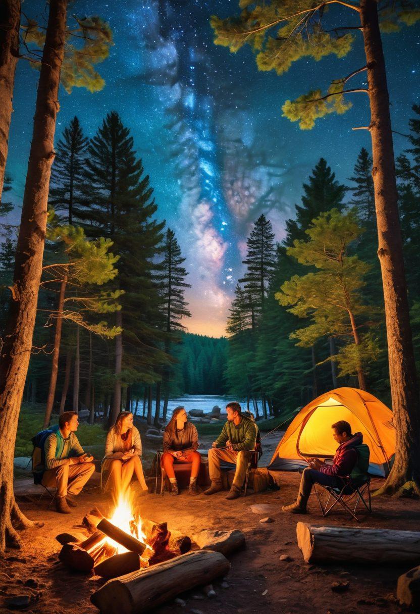 A serene campsite set in a lush, green forest with a glowing campfire in the center, surrounded by essential camping gear like a tent, backpacks, and cooking equipment. Include a starry night sky above, with playful wildlife peeking through the trees, and campers happily enjoying the outdoors. The scene should evoke adventure and warmth, capturing the spirit of camping fun. super-realistic. vibrant colors.