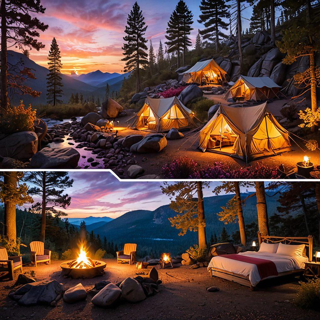 A captivating split scene depicting two contrasting camping styles: on one side, a luxurious glamping tent adorned with plush furniture and fairy lights set in a lush, manicured forest; on the other, a rugged wilderness campsite with a crackling campfire, a traditional tent, and backpacking gear amidst a raw, natural landscape. Include a vibrant sunset transitioning the sky from orange to deep purple. super-realistic. vibrant colors. 3D.